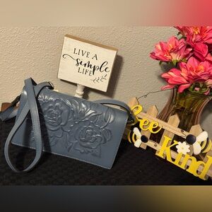 Patricia Nash Kent Burnished Rose Tooled Collection Mirage Blue Crossbody